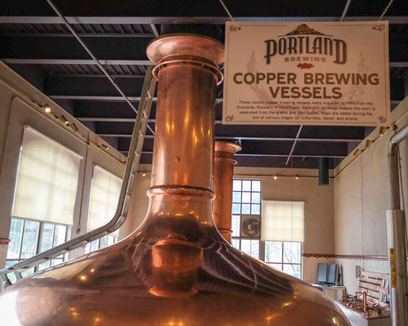 Copper brewing vessels at Portland Brewing Company, acquired in 1993 from the Sixenbrau Brewery in Nordlingen, Germany.