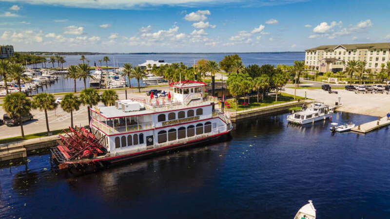 Drone view of the sternwheel paddleboat Barbara-Lee, ported in Sanford, Florida.