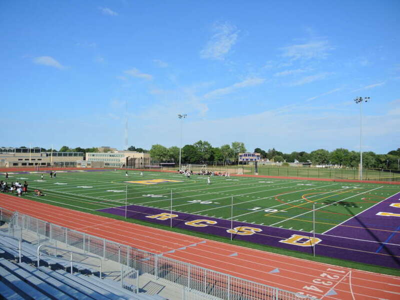 Football field (and en:All-weather running track on the campus of en:East High School (Rochester, New York)