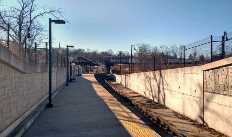 East Braintree/Weymouth Landing station in January 2017, facing west from near the east end of the platform