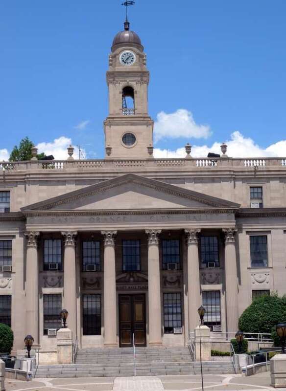 Lookng north from RR station at en:East Orange, New Jersey City Hall on a sunny midday.