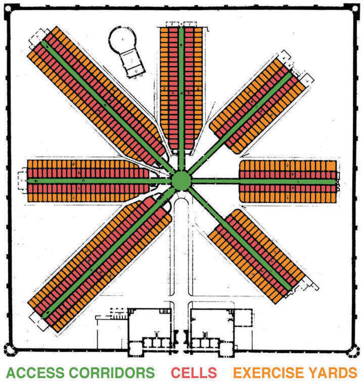 The 1836 floor plan of the Eastern State Penitentiary in Philadelphia, Pennsylvania - with the function of each room color-coded in green (for access corridors), red (for cells), and orange (for exercise yards).