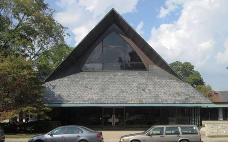 The First Presbyterian Church at 602 West Green Street in Urbana, Illinois was founded in 1856.  The congregatio nheld its first service in this sanctuary in 1964; it was their third church. (Source: [1])