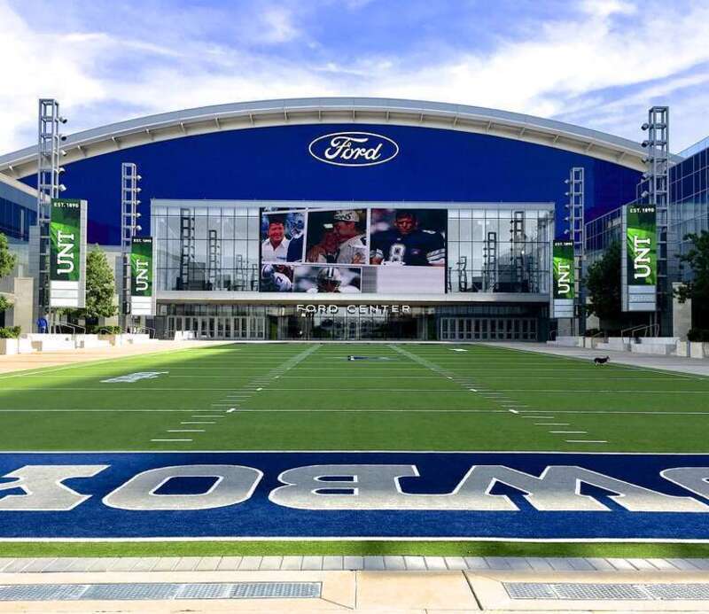 Tostitos Championship Plaza, an open air plaza with regulation size football field at the entrance of Ford Center at the Star in Frisco, Texas, May 2018.