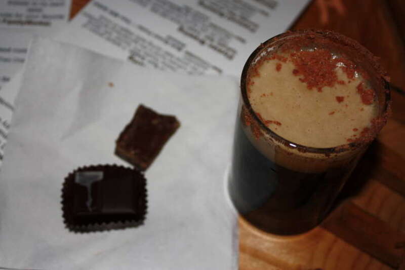 Here is a chocolate-rimmed brew - the Abominable from host Fremont Brewing - with its pairing (Theo coconut curry) and a ganache-filled chocolate in background. Fremont had our favorite brew of the evening - its Specialty beer "Susan" was a "unique