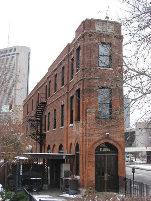 Eastern end and southern side of the H.A. Higgins Building (also known as the "Flatiron Building"), located at 129 E. Naghten Street in Columbus, Ohio, United States.  Built in 1914, it is listed on the National Register of Historic Places.