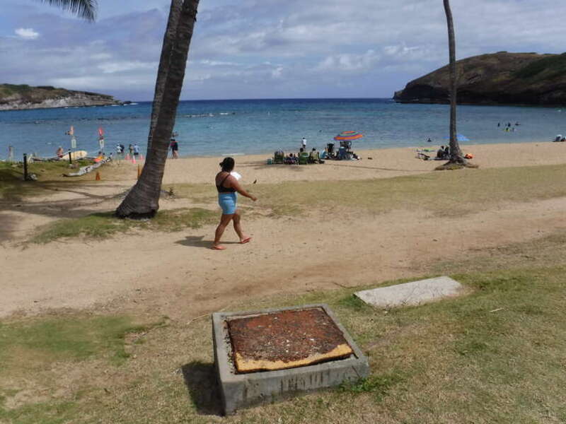 Hanauma Bay presumed beach vaults based on location of channel markers in the bay, nautical chart indicators for submarine cables, weathered infrastructure, and proximity below the cable landing station.  Hanauma Bay State Park March 2022.