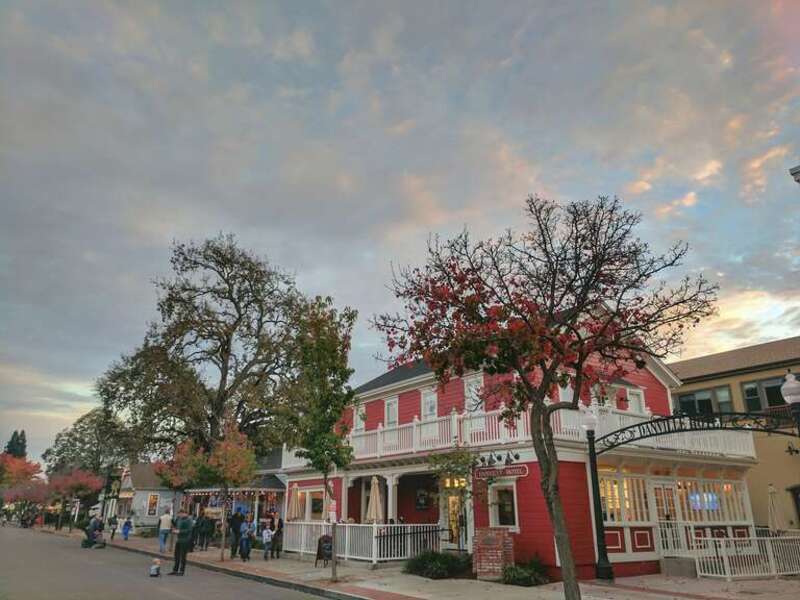 Hartz Avenue serves as Historic Downtown Danville, California's "Main Street."  The Historic Danville Hotel Building is photographed in the center.