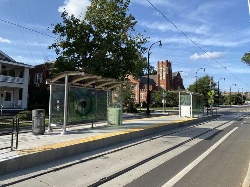 Passenger shelters and platform at Hawthorne &amp; 8th station