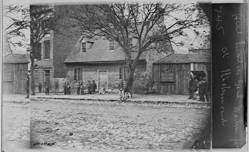 Original Caption: Headquarters of General G. Washington at Richmond, Va
U.S. National Archives’ Local Identifier:  111-B-745
From:: Series: Mathew Brady Photographs of Civil War-Era Personalities and Scenes, (Record Group 111)
Photographer: Brady,