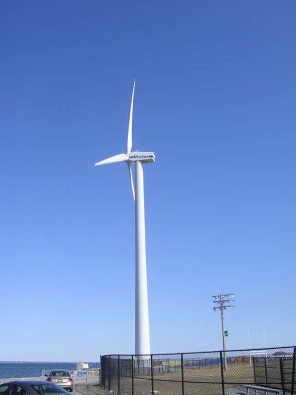 Hull Wind 1 wind turbine in Hull, Massachusetts. Installed in 2001; Vestas V47-660 kW.