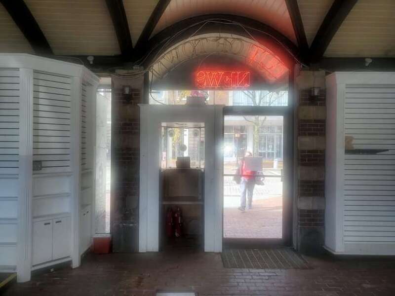 Interior of the Harvard Square Subway Kiosk, empty after the closure of Out of Town News, in November 2020
