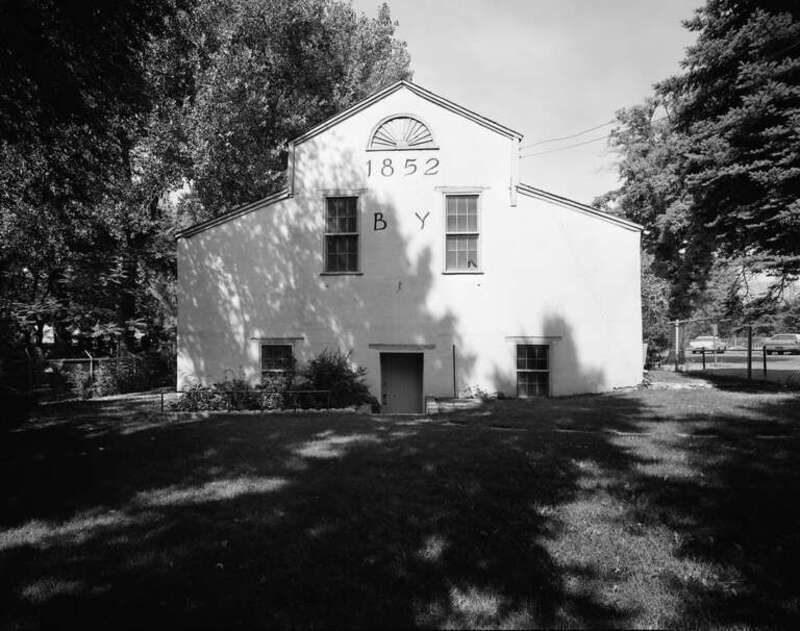 Front of the Isaac Chase Mill, located in Liberty Park off 6th East in Salt Lake City, Utah, United States.  Built in 1852, it is listed on the National Register of Historic Places.