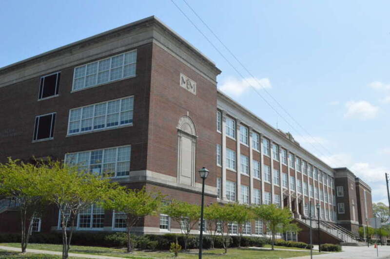 Front of the James Blair Junior High School, located at 730 Spotswood Avenue in Norfolk, Virginia, United States.  Built in 1921, it is listed on the National Register of Historic Places.