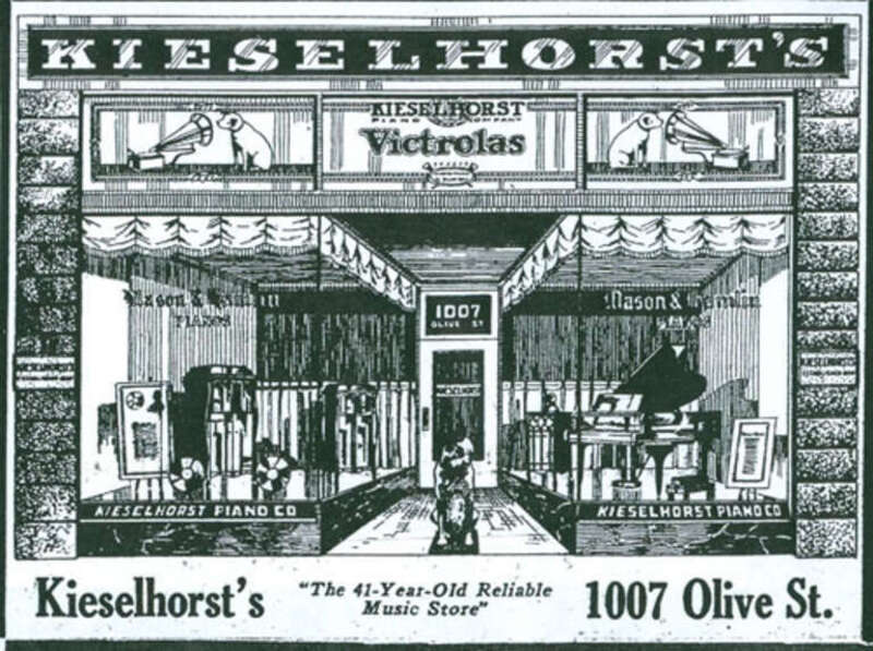 Founded in 1879, the Kieselhorst Piano Company was one of the earliest piano dealers and manufacturers in Saint Louis, Missouri. In 1906, the company moved to 1007 Olive Street, a five-story brick building in the city's Music Row. This image,