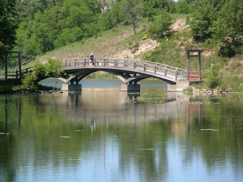 Japanese-style bridge in the Marquette Park lagoon in the Miller Beach neighborhood of Gary, Indiana.