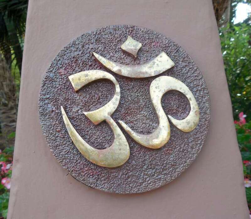 Om symbol in the "Court of Religions" at the Self-Realization Fellowship Lake Shrine, Pacific Palisades, Los Angeles, California, United States.