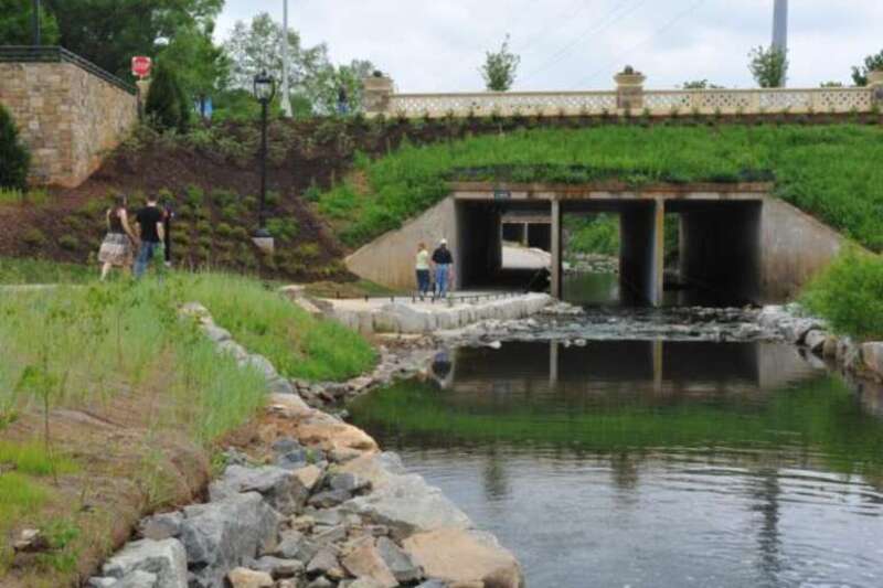 The Little Sugar Creek Greenway in Charlotte, North Carolina, looking south toward the E 4th Street overpass.