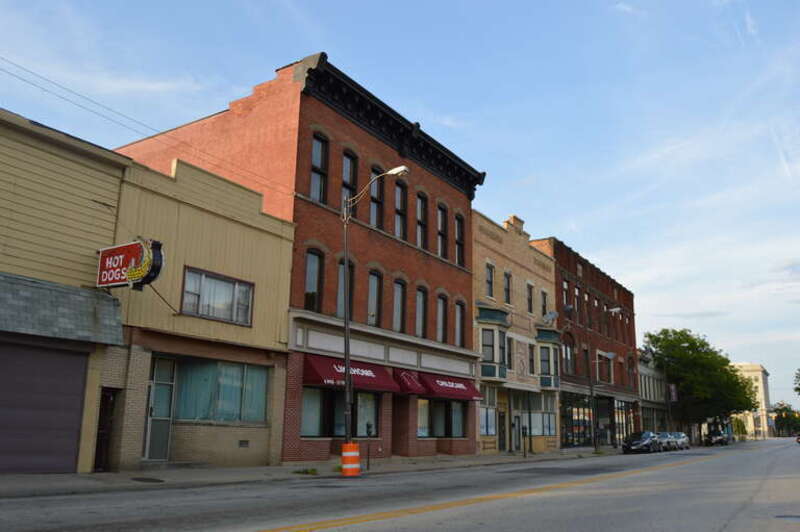 Buildings on the northern side of Lorain Avenue (State Route 10) east of the Forty-first Street intersection in Cleveland, Ohio, United States.  This section of Lorain is part of the the Lorain Avenue Commercial Historic District, a historic district