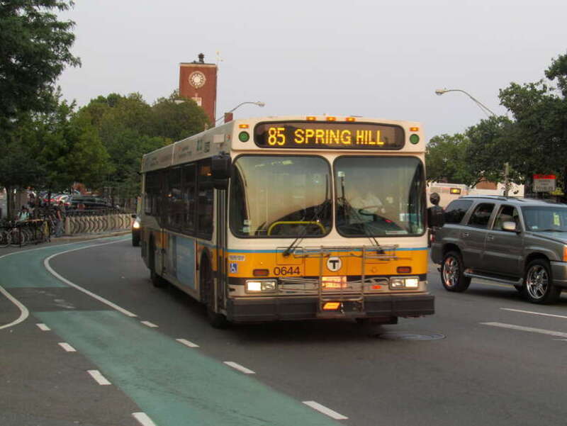 An outbound #85 bus passes through Union Square, Somerville