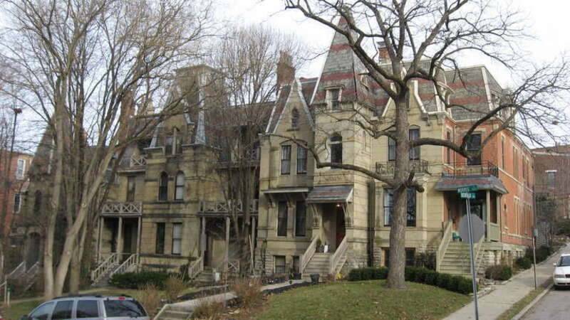 Front of the rowhouse located at 922-932 Morris Street on the southern edge of the Walnut Hills neighborhood of Cincinnati, Ohio, United States.  Built in 1880, it and the associated Madam Fredin's Eden Park School (located immediately to the east)
