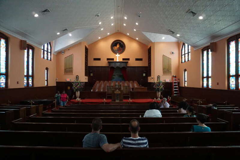 The interior of the Historic Ebenezer Baptist Church Heritage Sanctuary at the Martin Luther King Jr. National Historic Site in Atlanta, Georgia (United States).