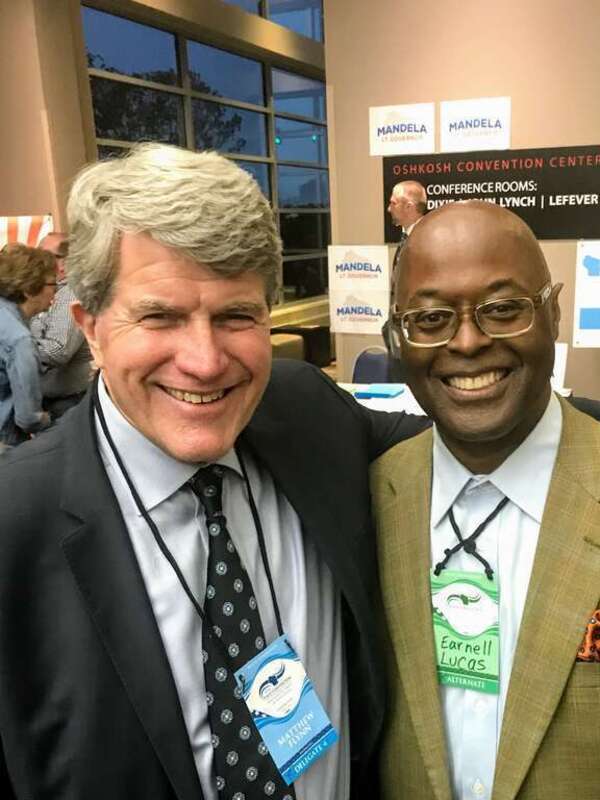 A photo of candidate for Governor and longtime Wisconsin politician, Matt Flynn, with then-candidate for Milwaukee County Sheriff, Earnell Lucas at the 2018 Democratic Party of Wisconsin Convention
