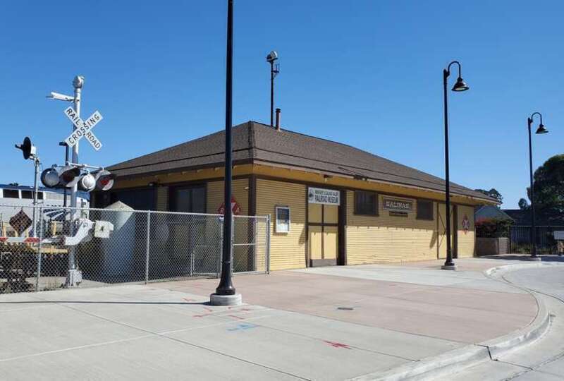 The main building of the Monterey and Salinas Valley Railroad Museum, a former Railway Express Agency office, in October 2021