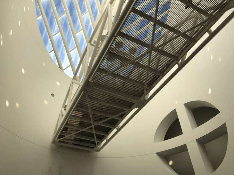 The image shows a bridge and several windows at a museum.