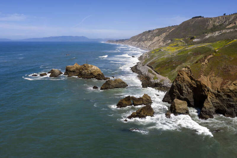 Mussel Rock located on the coast of San Mateo County, California.
