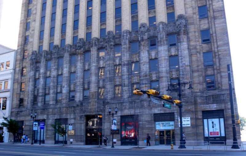 Looking east at Broad Street facade of New Jersey Bell Headquarters on a sunny morning.