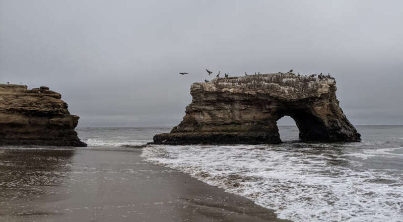 Natural Bridges State Park, California.  The pelicans and cormorants like to rest on the isolated bridge.