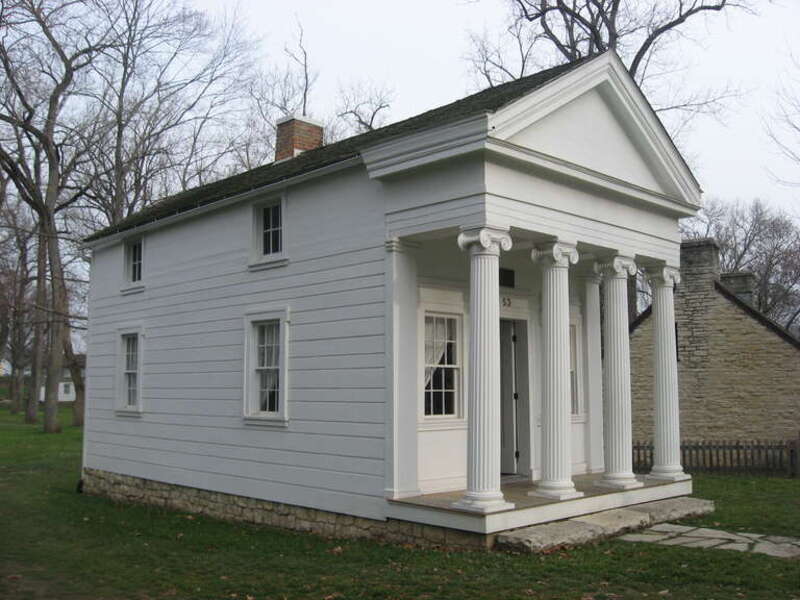 Front and western side of the Newcom House, located at Carillon Historical Park in Dayton, Ohio, United States.  Built in 1841 and listed on the National Register of Historic Places, it was moved to Carillon Park in 2009.