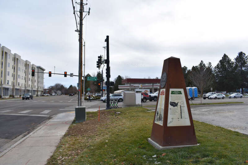 One of 22 obelisks marking the route of the Oregon Trail through Boise, Idaho.