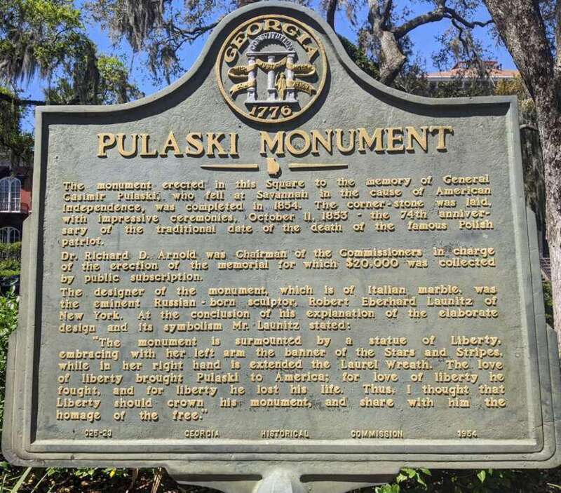Plaque commemorating Pulaski monument in Savannah, Georgia