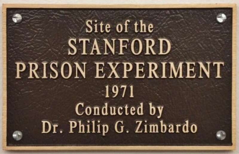 This image shows a plaque marking the site where the famous Stanford Prison Experiment was conducted. The point of this experiment was to study the psychological effects of students becoming either a prisoner or a prison guard. The students easily