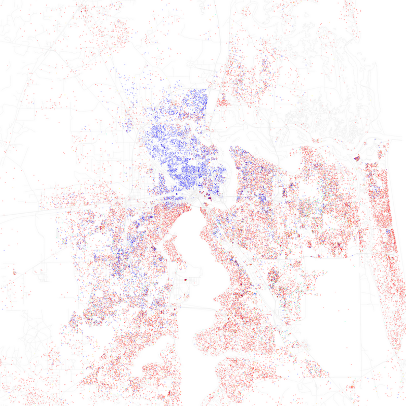 Maps of racial and ethnic divisions in US cities, inspired by Bill Rankin's map of Chicago, updated for Census 2010.
Red is White, Blue is Black, Green is Asian, Orange is Hispanic, Yellow is Other, and each dot is 25 residents.

Data from Census