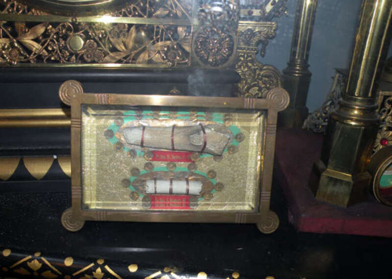 The bones of Saints (top listed as "Ex Oss. St. Beatay. V. M.", and bottom listed as "Ex Oss. S. Modesti. M.") located at Saint Anthony's Chapel (Shrine of Saint Anthony of Padua) located at 1700 Harpster Street in the Troy Hill neighborhood of