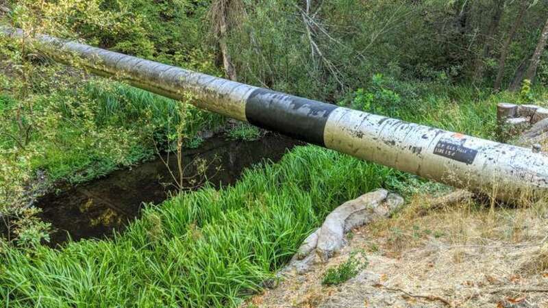 San Mateo Creek with high-pressure gas main crossing, below Crystal Springs Dam