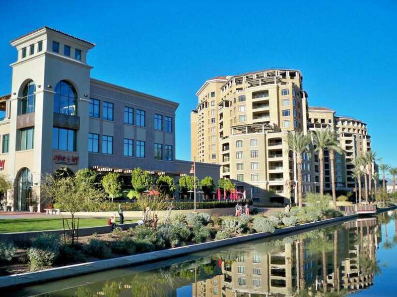 View of the Scottsdale Waterfront on a clear December day. Photo taken from the new pedestrian bridge connecting the Marshall Way shops with the Fifth Avenue arts district.