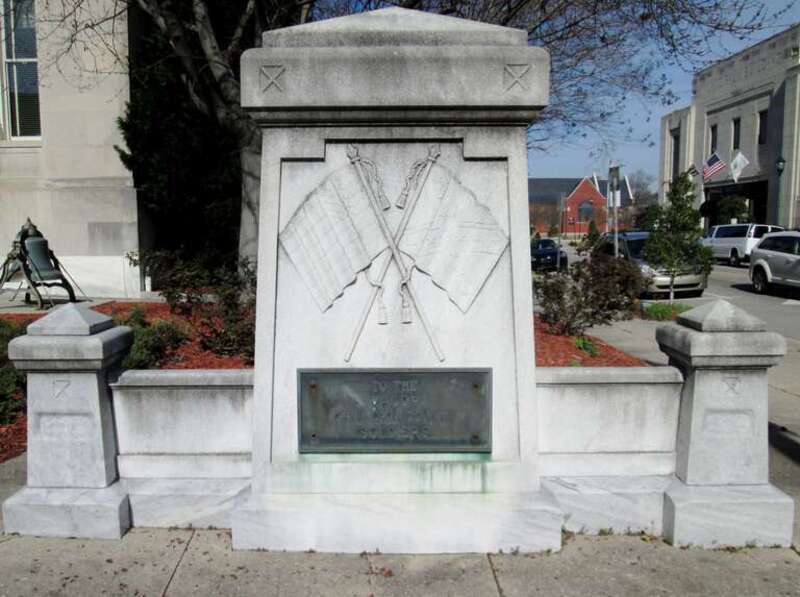 This soldiers' monument stands at the corner of Nash and Goldsboro Streets in Wilson, North Carolina, to the right of the Wilson County Court House.  The plaque in front reads: "TO THE / VALOR / OF WILSON COUNTY / SOLDIERS".  On the back of the