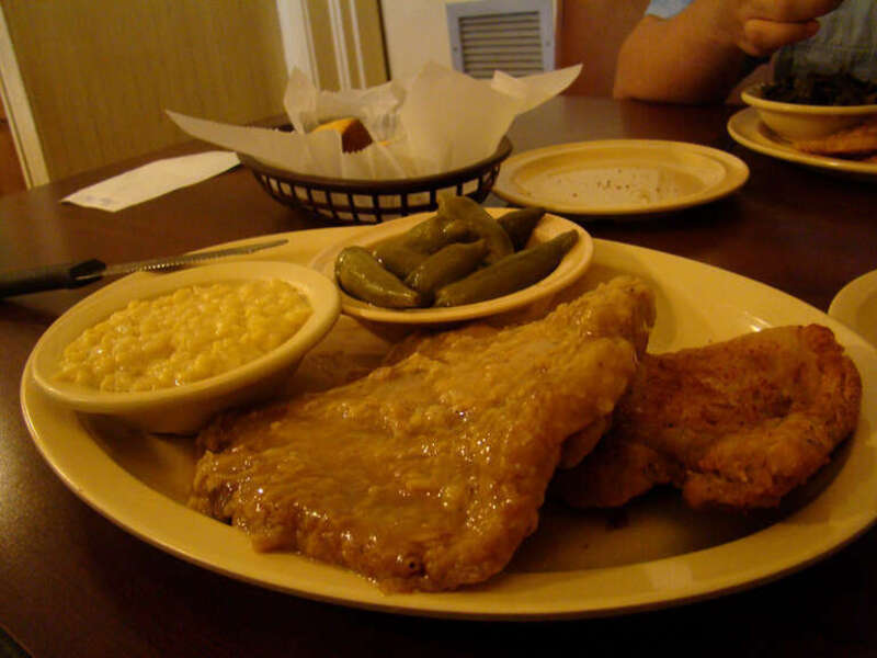 Fried porkchop, smothered fried porkchop, fried corn, okra at the busy bee cafe, atlanta, GA

<a href="http://www.thebusybeecafe.com">www.thebusybeecafe.com</a>