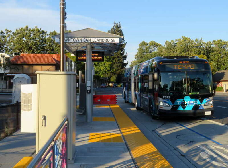 A southbound bus at Downtown San Leandro station on the first day of operations in August 2020