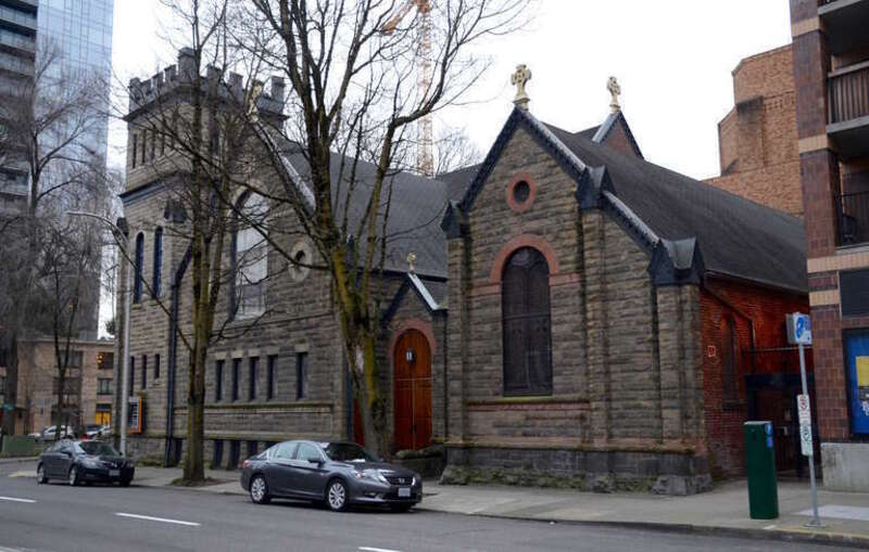 St. James Lutheran Church, in Portland, Oregon, is listed on the U.S. National Register of Historic Places. The main building (at left) was constructed in 1907–08, while the Pioneer Chapel, the building at right, which was the church's original