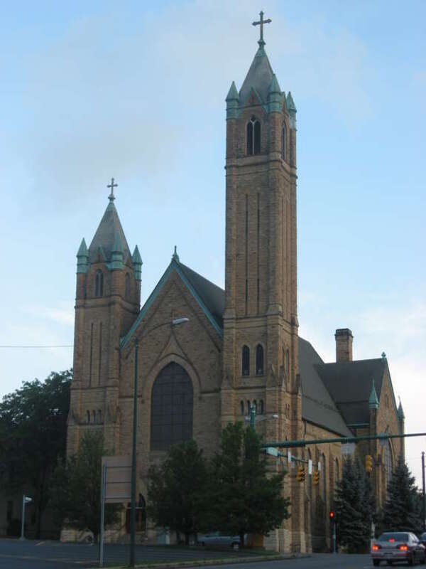Front of St. Raphael's Catholic Church, located at 225 E. High Street in Springfield, Ohio, United States.  Built in 1892, it is listed on the National Register of Historic Places.
