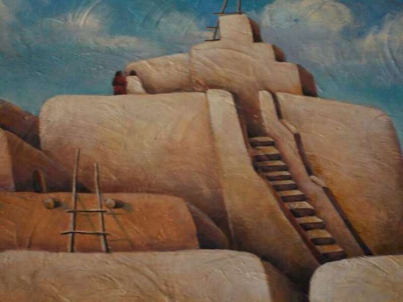 Kimo Theater Two figures stand on the roof of a kiva ( a Pueblo Indian sacred underground ceremonial chamber) in a detail of a fresco mural by Carl Von Hassler in the entry way of the KiMo theater in downtown Albuquerque.