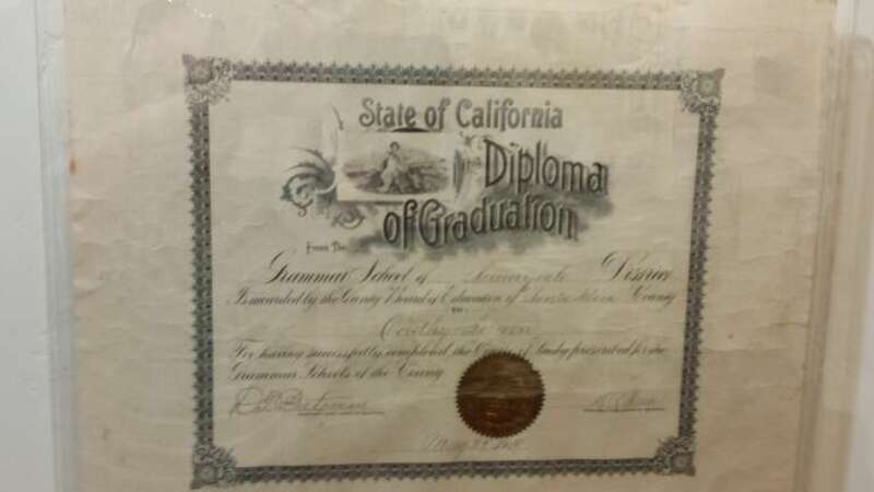 1909 diploma for a graduate of the Sunnyvale Grammar School on display at the en:Sunnyvale Heritage Park Museum