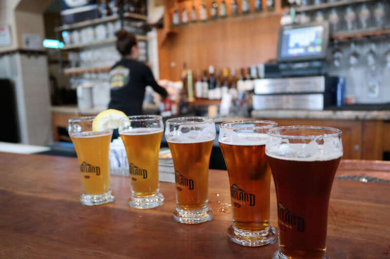 Tasting at Portland Brewing Company, including Bavarian Style Weizen, Rose Hip Gold Ale, MacTarnahan’s Amber Ale, Imperial IPA, and Snow Cap Ale.