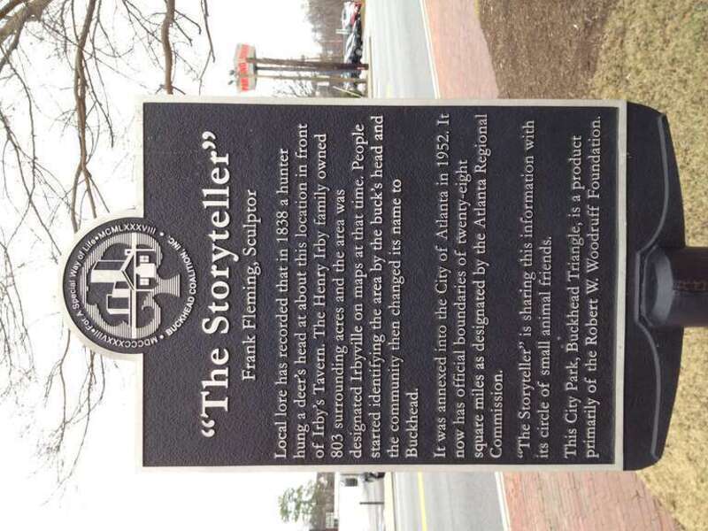Descriptive plaque at The Storyteller sculpture, Buckhead, Atlanta
