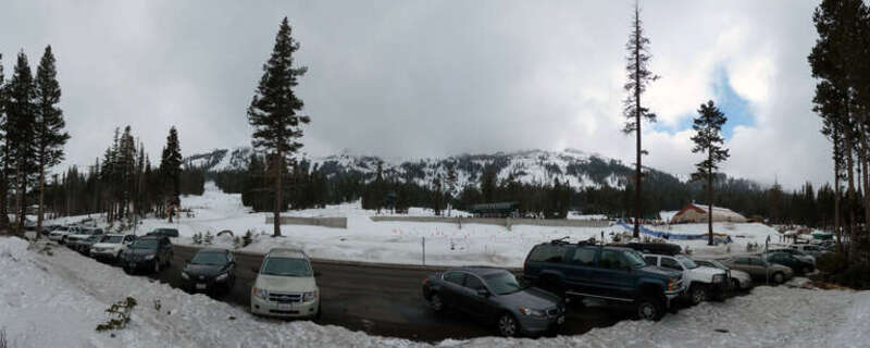 Panorama of the Tiber Creek area of Kirkwood Ski Resort.